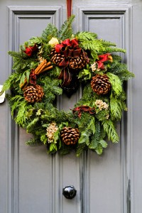 Wreath decoration at door for Christmas holiday