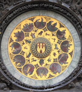 The ornate calendar dial, showing the 12 months of the year, in the Prague Astronomical Clock